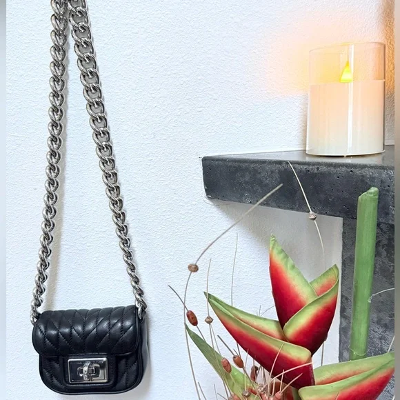 Karl Lagerfeld Micro Mini purse bag Black Quilted Leather & CHUNKY Silver Chain